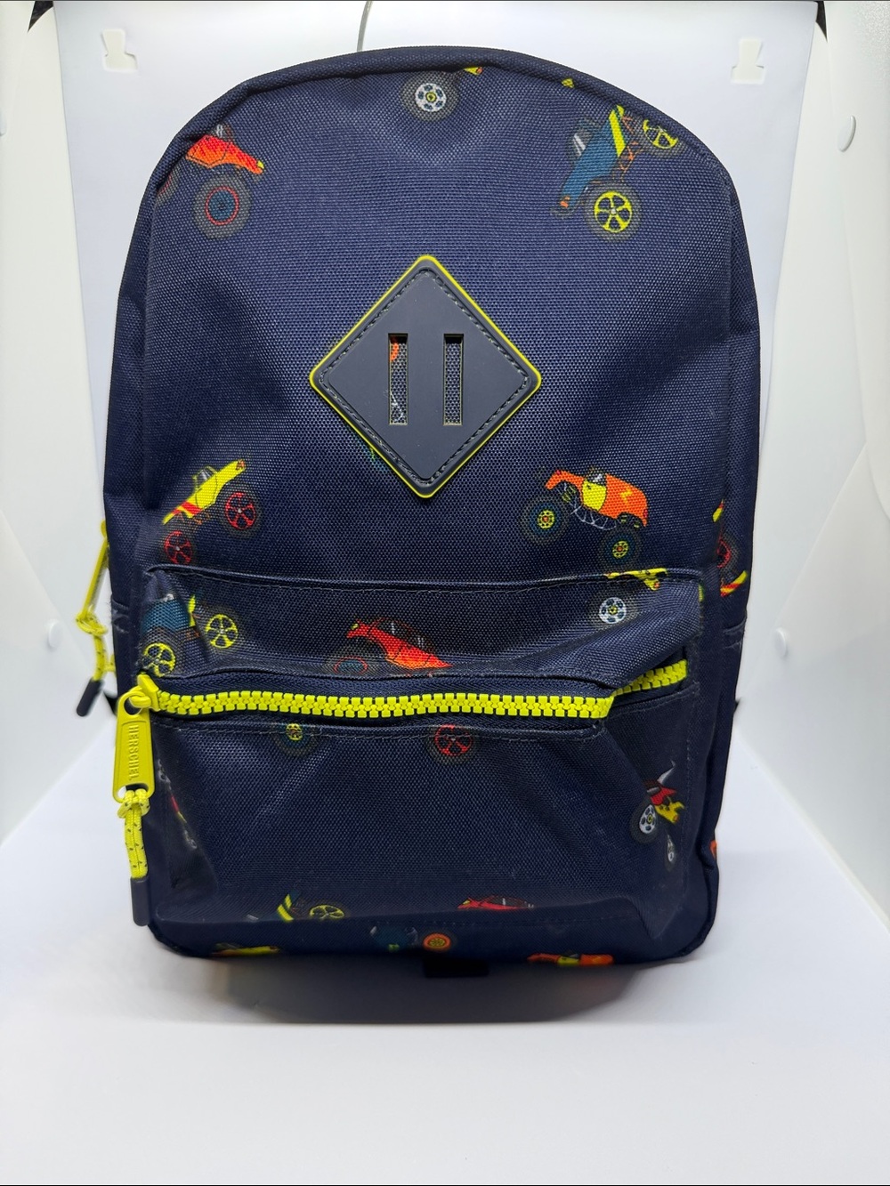 Navy Kids Backpack with Neon Yellow Accent and Racecar Print